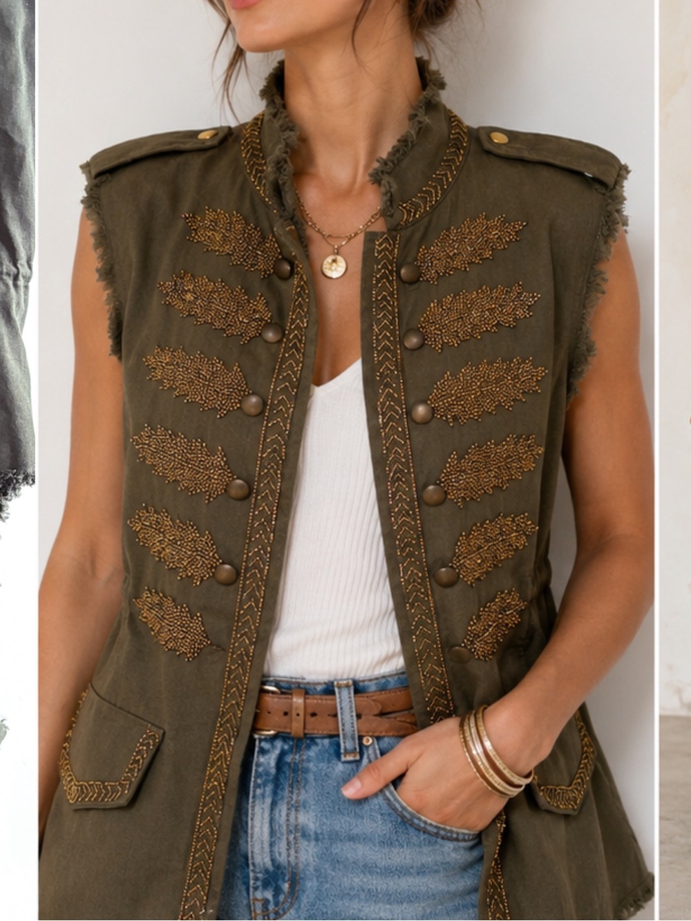 Zara Woman Beaded Military Inspired Vest Olive Green L Fully Lined